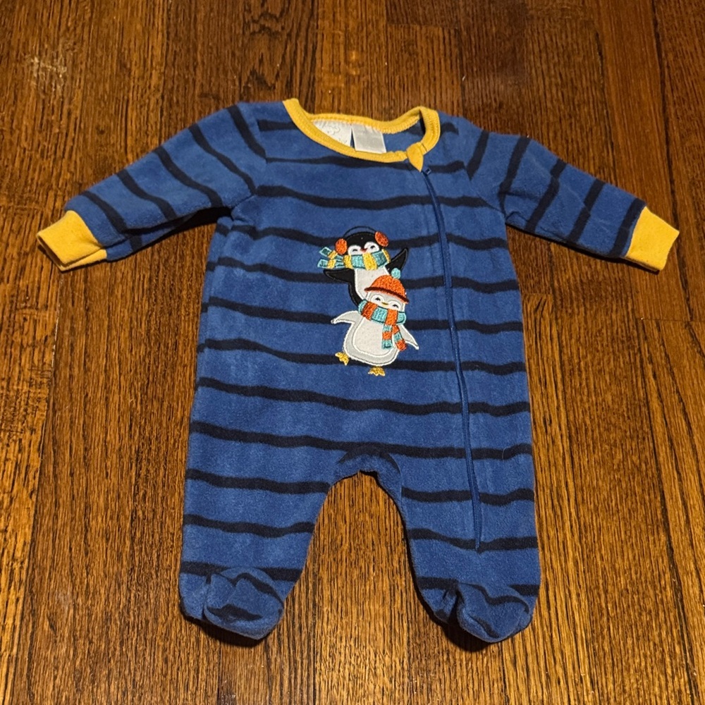 Striped Blue and Yellow Kids Footie with Penguin Design